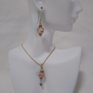 Hand Crafted Jewelry Set Necklace With Earrings Gold Orange White Gift Idea